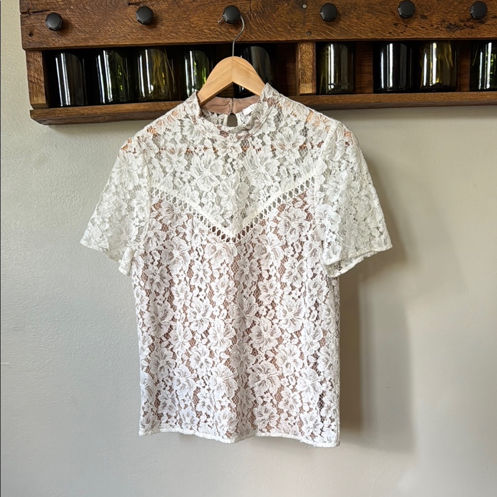 High neck short sleeve lace blouse